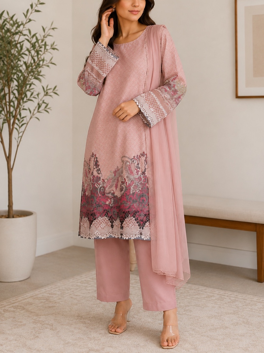 Pink Paisley Print Lawn Shalwar Kameez